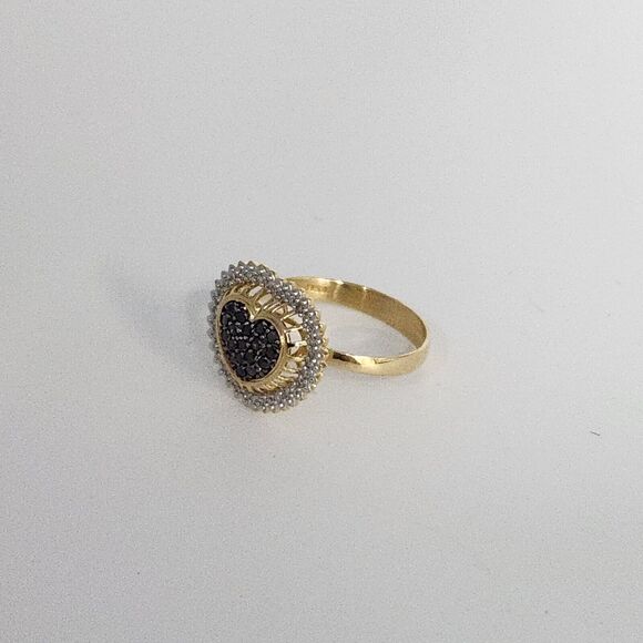 18k Yellow Gold Black &White Diamonds Heart Ring Size 7.25 - Picture 6 of 12